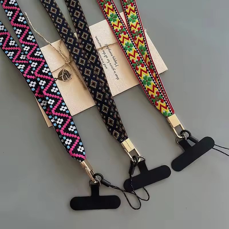 Custom universal Bohemian woven shoulder braided crossbody polyester Necklace mobile phone strap lanyard with patch