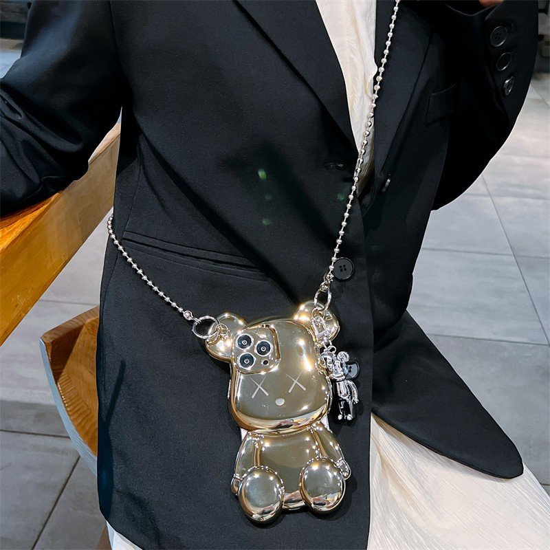 Tide brand three-dimensional electroplating bear metal long rope pendant fashion phone case for iPhone14promax 13pro 12 Creative 11