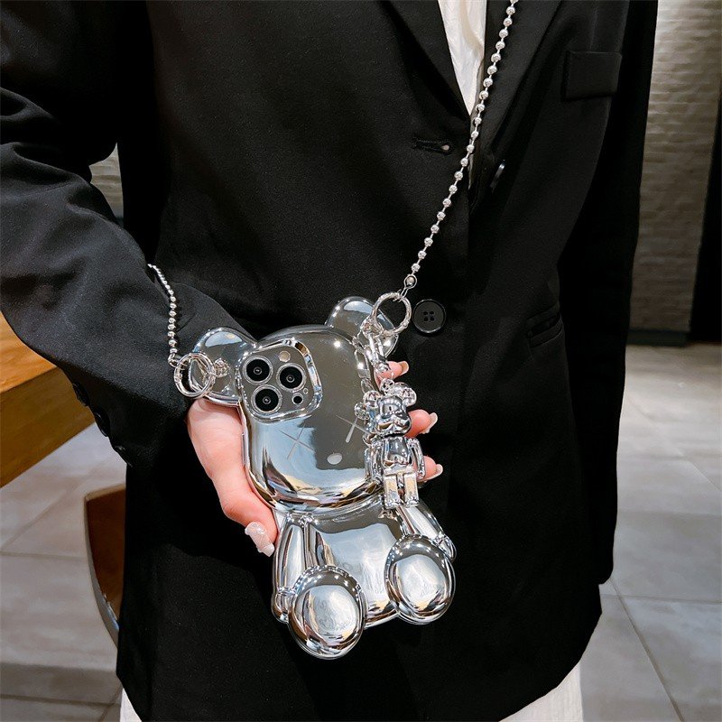 Tide brand three-dimensional electroplating bear metal long rope pendant fashion phone case for iPhone14promax 13pro 12 Creative 11