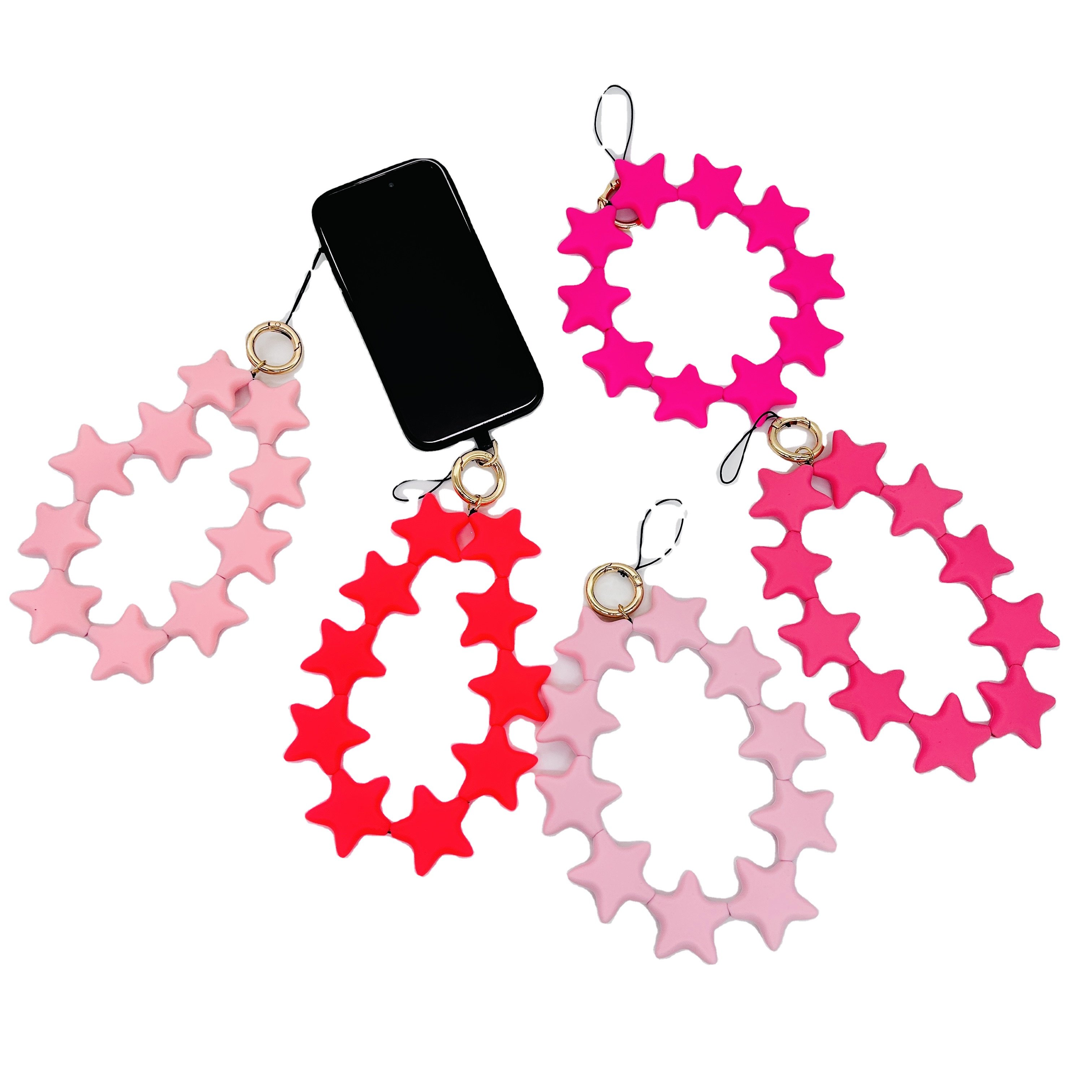Yiwu manufactory pink big phone chain strap beautiful star phone chain silicone soft phone lanyard with bag pendant hanging