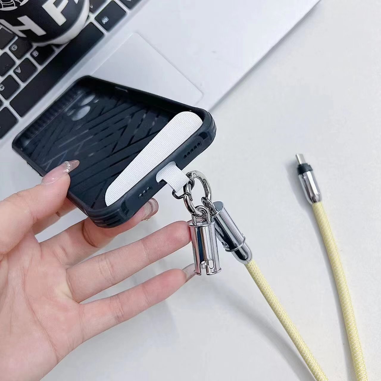 New design lanyard fast charging cable 2 in 1 type c to type c cables Braided Anti-lost rope PD 100W fast data cable