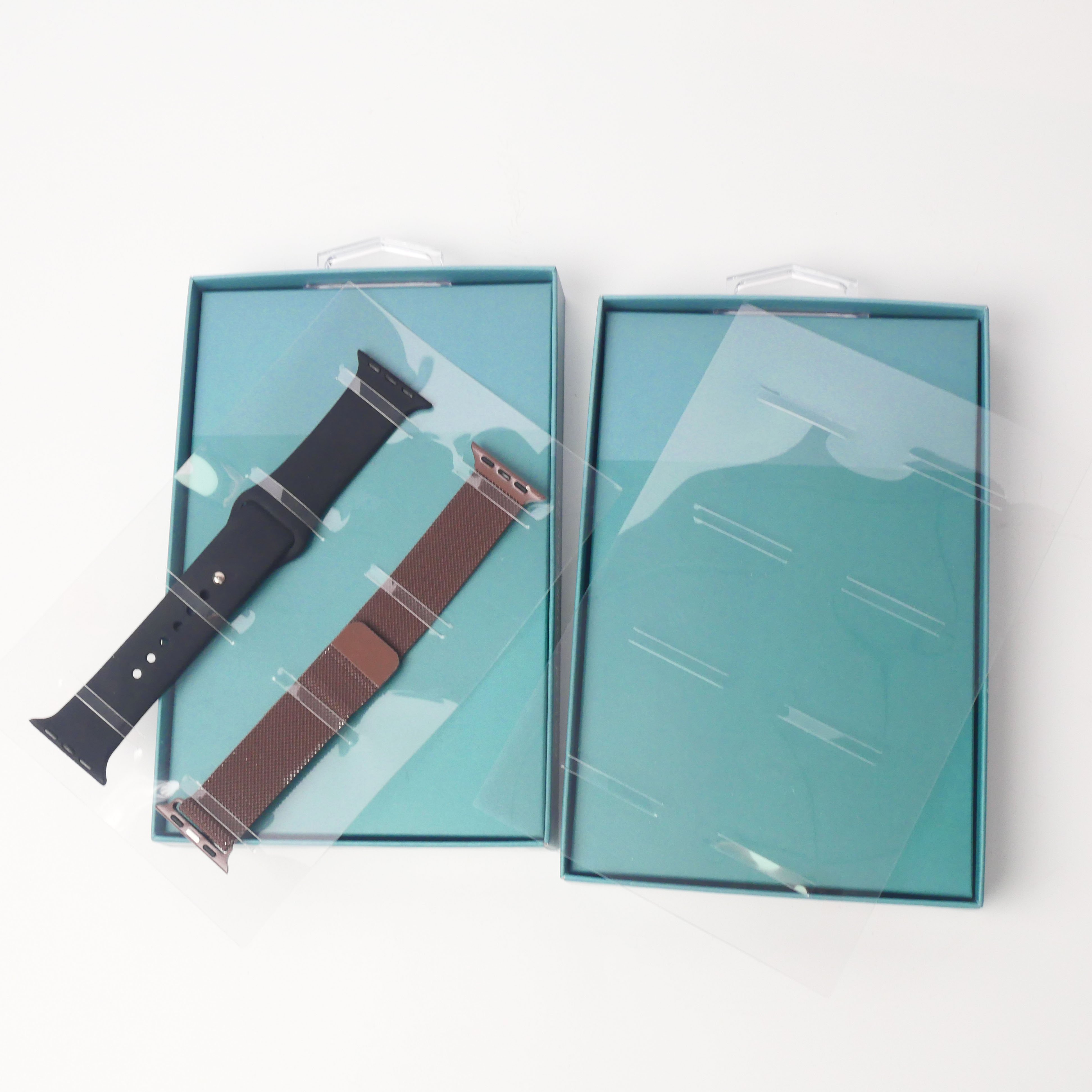 Watch Strap Packing Box Low MOQ Watch Band paper Box with Plastic hook + PET transparent film strap packaging