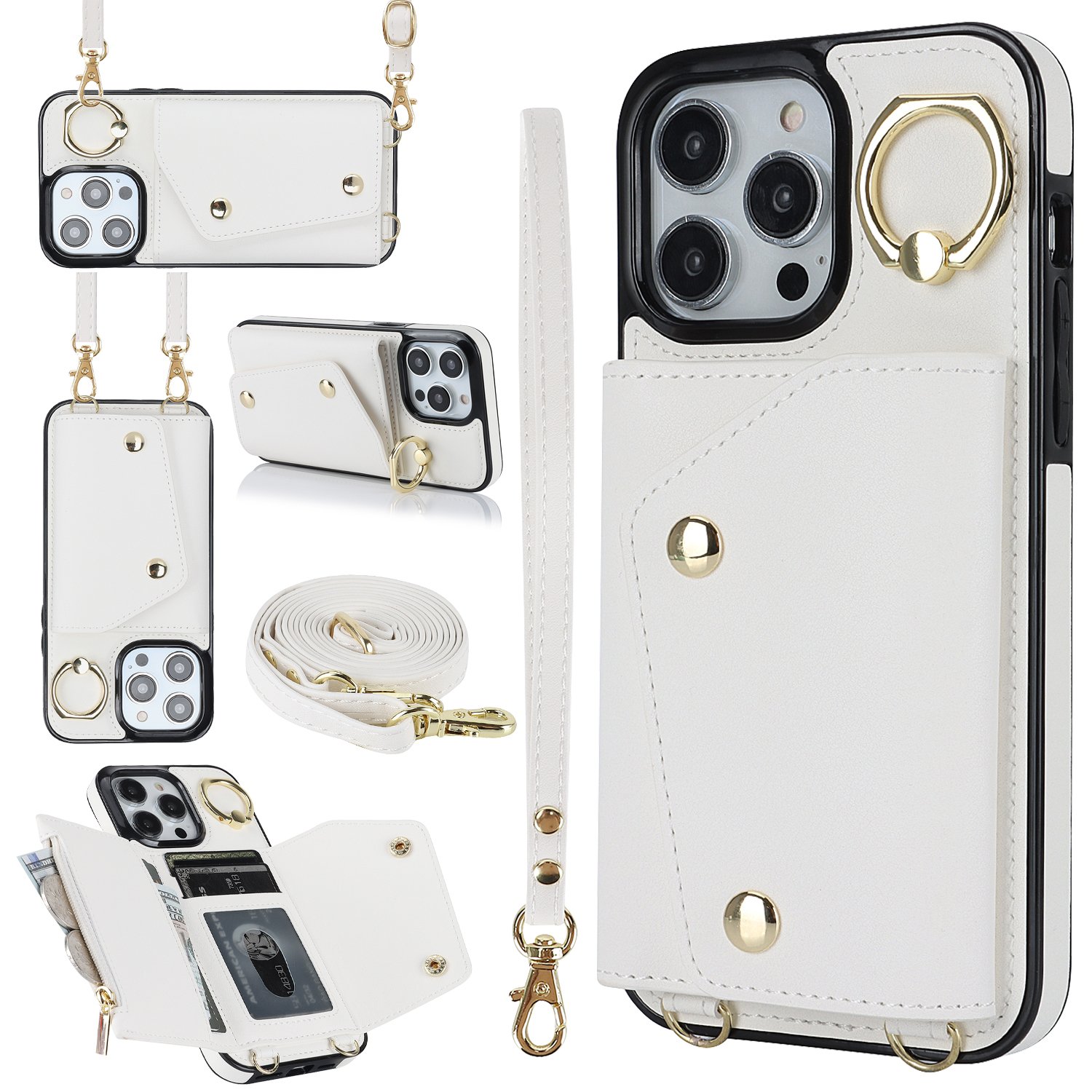 Multifunctional Lanyard Zipper Leather Wallet Case Shockproof Adjusted Strap Phone Back Cover For iPhone 11 12 13 14 15 Pro Max