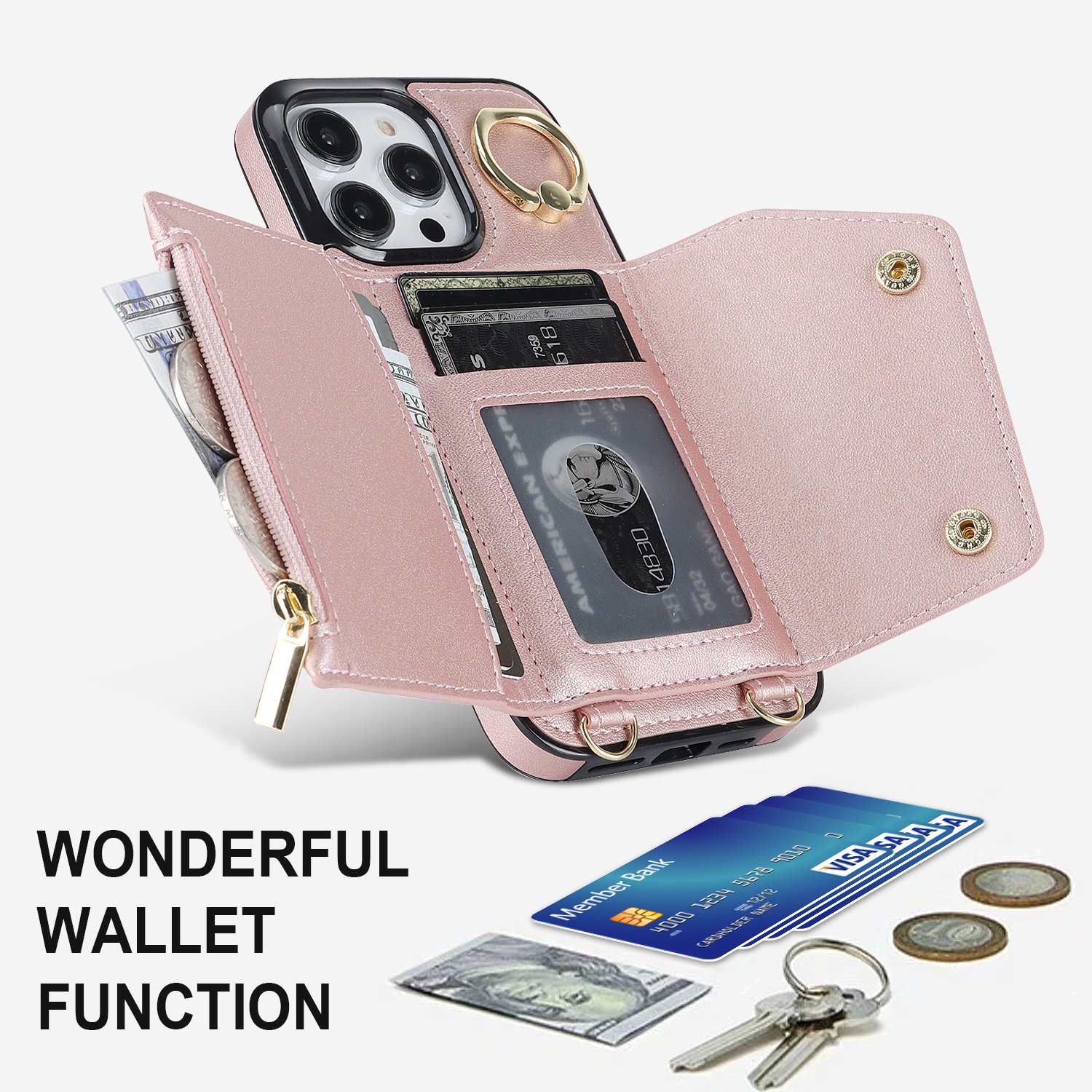 Multifunctional Lanyard Zipper Leather Wallet Case Shockproof Adjusted Strap Phone Back Cover For iPhone 11 12 13 14 15 Pro Max