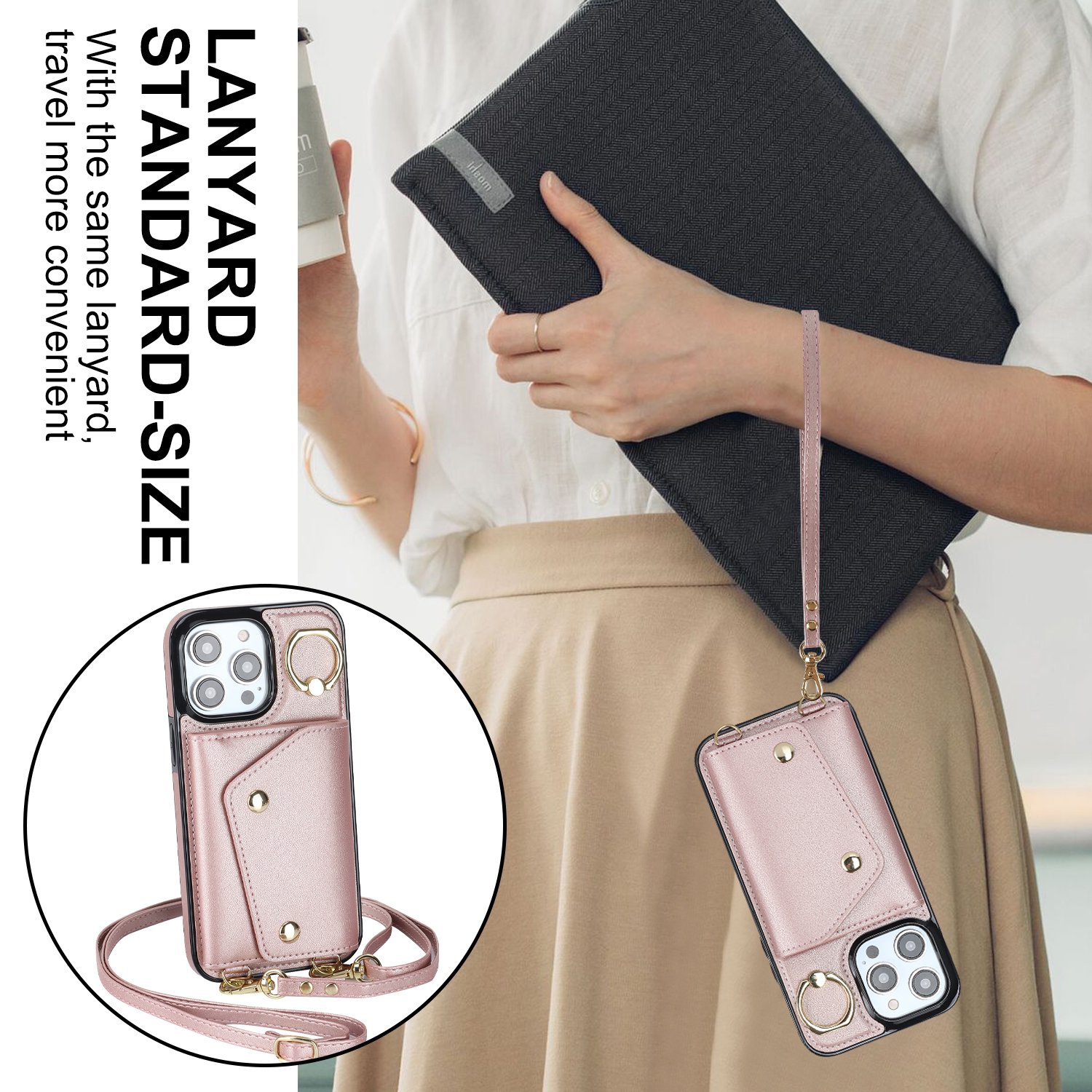 Multifunctional Lanyard Zipper Leather Wallet Case Shockproof Adjusted Strap Phone Back Cover For iPhone 11 12 13 14 15 Pro Max