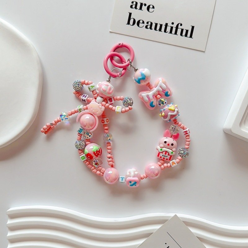 Creative Hand-Painted Beaded Wrist Strap Crystal Cellphone Chain Key with Durable Plastic Material mobile phone chains