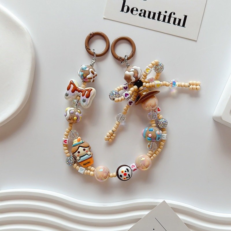 Creative Hand-Painted Beaded Wrist Strap Crystal Cellphone Chain Key with Durable Plastic Material mobile phone chains
