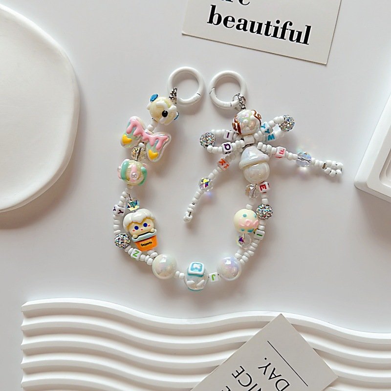Creative Hand-Painted Beaded Wrist Strap Crystal Cellphone Chain Key with Durable Plastic Material mobile phone chains