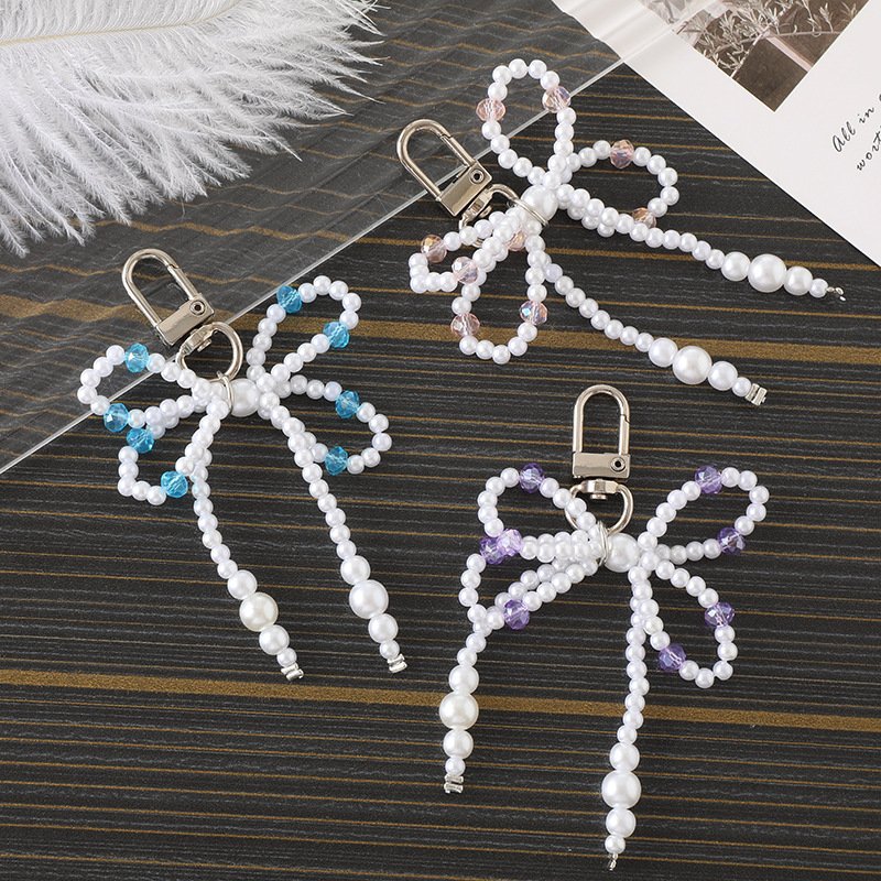 Exquisite Pearl Bow Phone Pendant Phone Case Strap Keychain Silver Beaded Hanging Decoration Mobile Phone Charm Gift Accessories