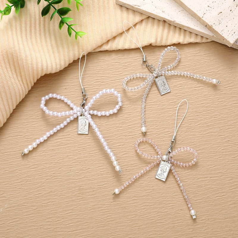 Exquisite Pearl Bow Phone Pendant Phone Case Strap Keychain Silver Beaded Hanging Decoration Mobile Phone Charm Gift Accessories