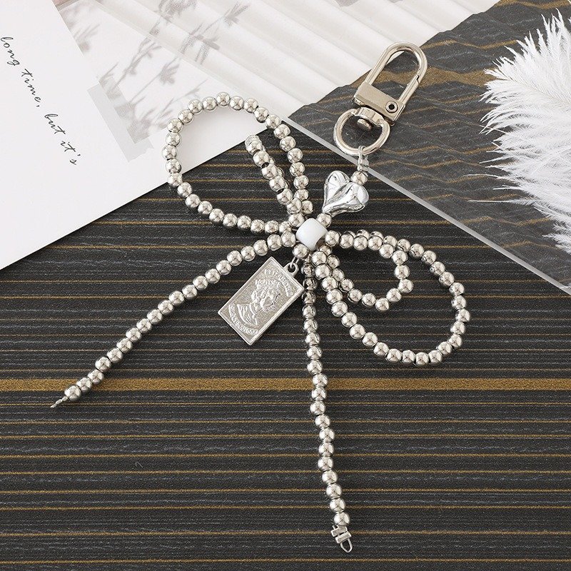 Exquisite Pearl Bow Phone Pendant Phone Case Strap Keychain Silver Beaded Hanging Decoration Mobile Phone Charm Gift Accessories