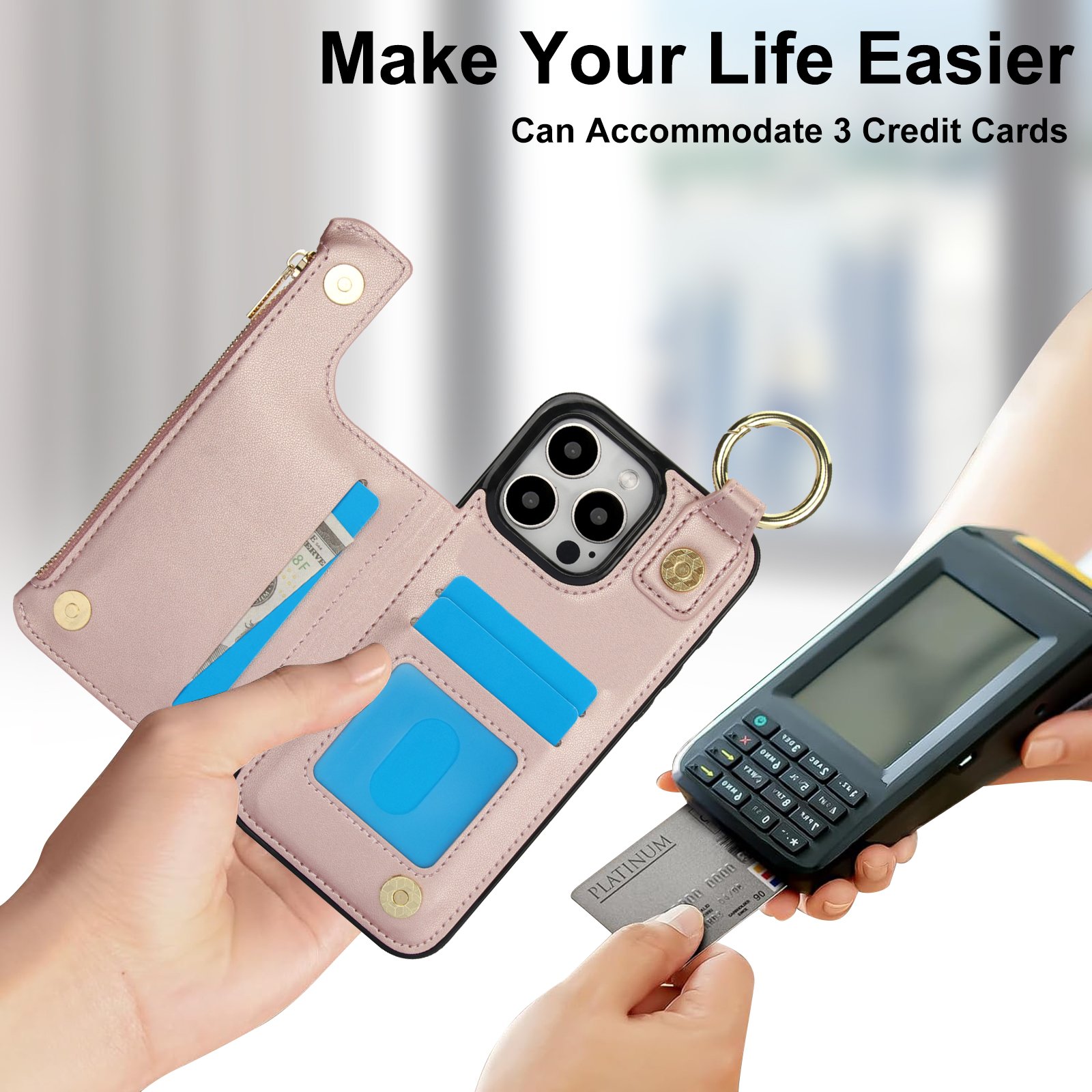 New Material phone wallet zipper mobile phone case with removable strap for iphone 13 14 15 16 pro max strap flip phone case