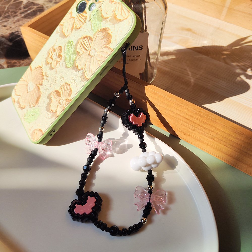 Y2k Acrylic Cloud Pink Bow Heart Beaded Phone Straps Bracelet Bead Wrist Rope Phone Case Lanyard Charm Accessories Keychain Girl