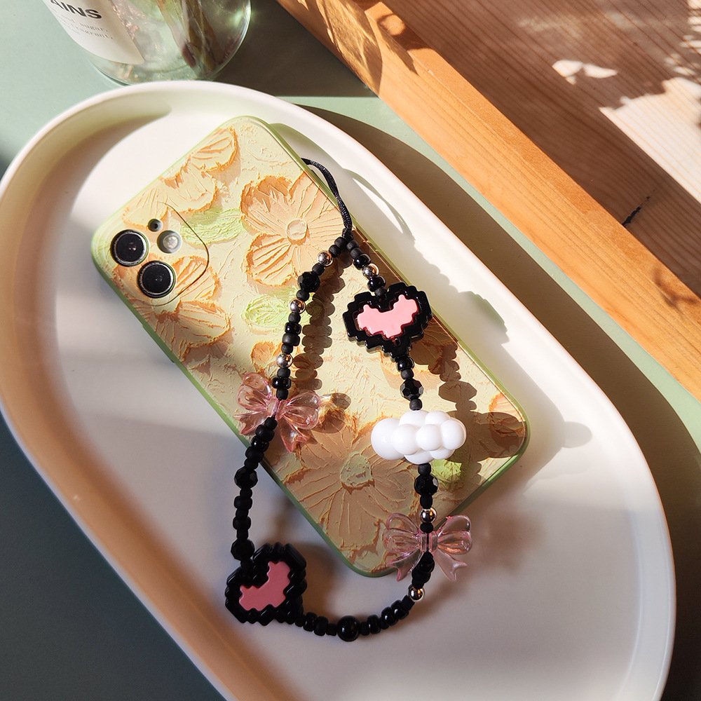 Y2k Acrylic Cloud Pink Bow Heart Beaded Phone Straps Bracelet Bead Wrist Rope Phone Case Lanyard Charm Accessories Keychain Girl