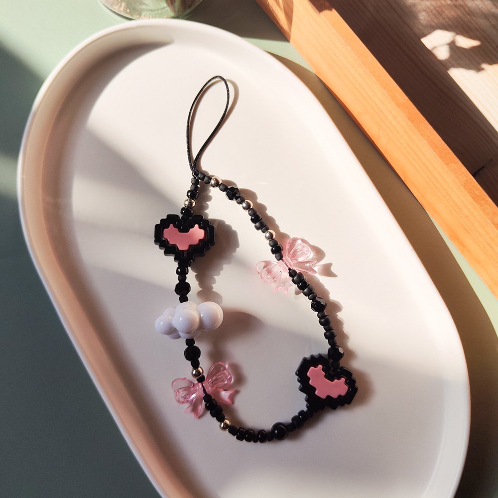 Y2k Acrylic Cloud Pink Bow Heart Beaded Phone Straps Bracelet Bead Wrist Rope Phone Case Lanyard Charm Accessories Keychain Girl