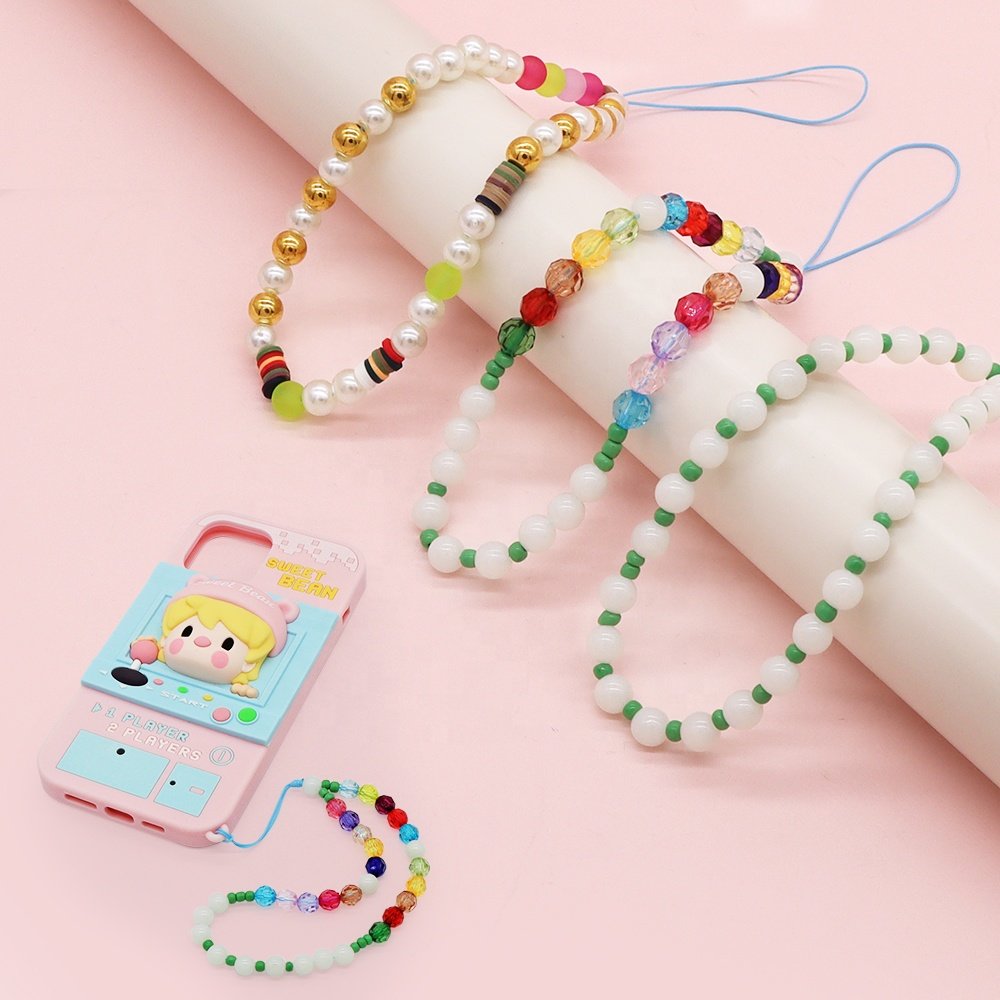 Multi Color Diy Acrylic Crystal Pearl Clay Mobile Phone Chain Beads Phone Case Charms Hook Phone Grip Straps about 11.1g Fashion