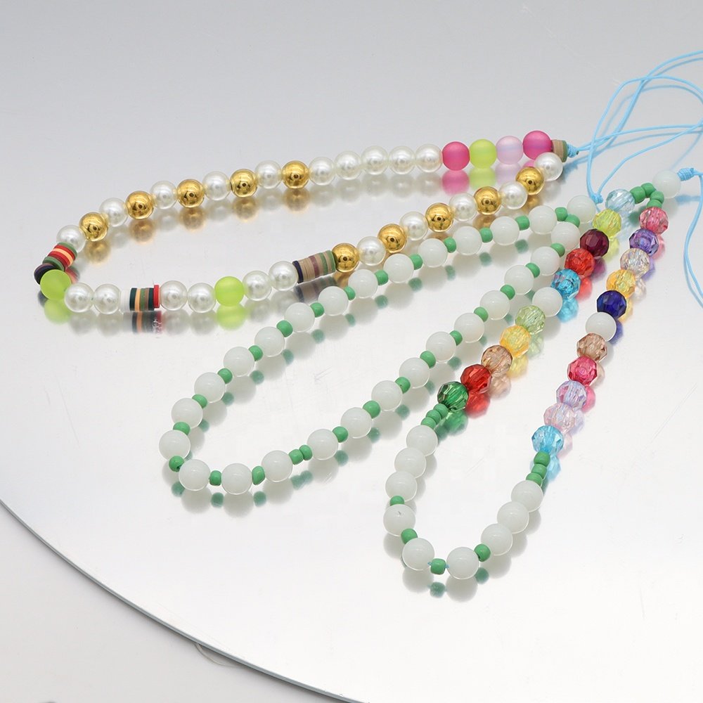 Multi Color Diy Acrylic Crystal Pearl Clay Mobile Phone Chain Beads Phone Case Charms Hook Phone Grip Straps about 11.1g Fashion