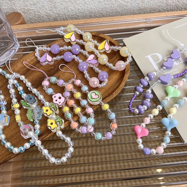 Cute Jelly Beaded Flower Phone Charms Lanyard Wrist Strap Dismountable Mobilephone Rope Lovely Candy Blacelete