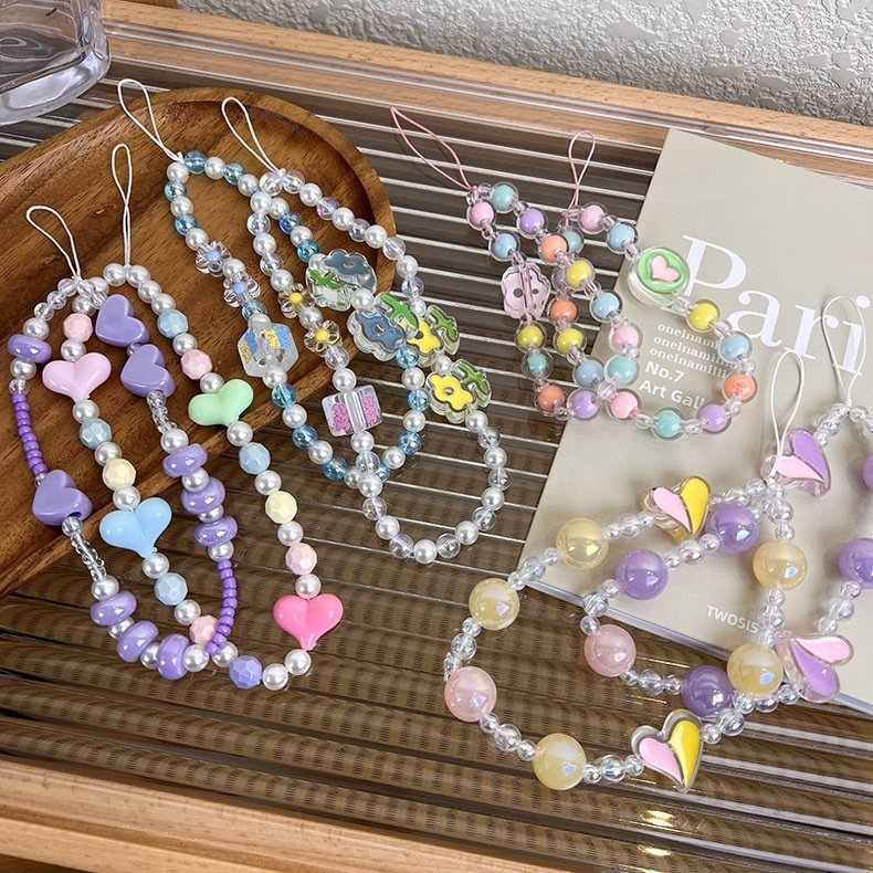 Cute Jelly Beaded Flower Phone Charms Lanyard Wrist Strap Dismountable Mobilephone Rope Lovely Candy Blacelete
