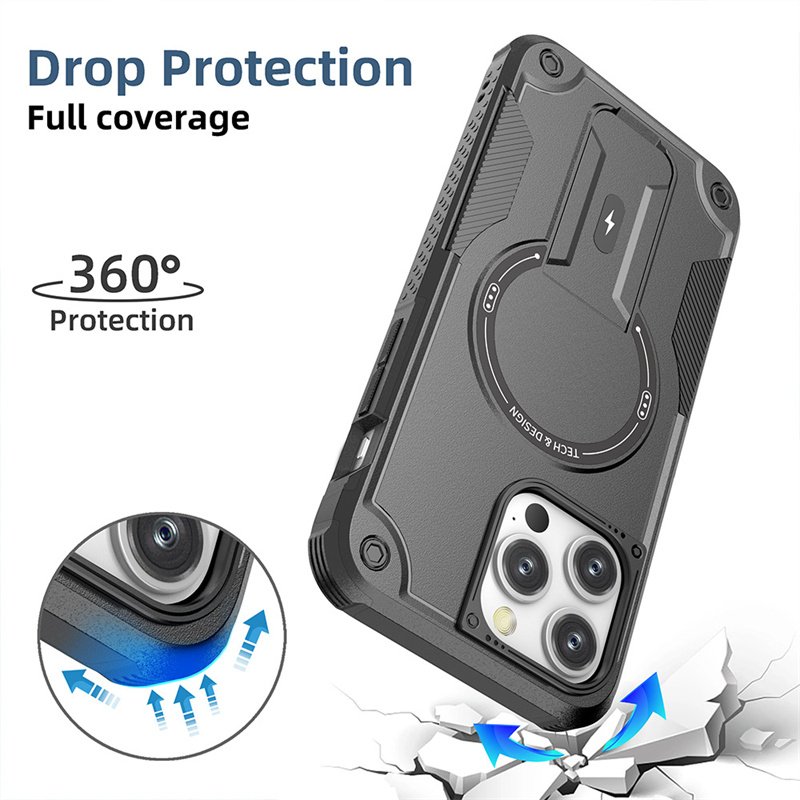 Anti Fall Magnetic For iPhone 16 15 14 13 12 Pro max Mobile Phone Case TPU PC 2 in 1 Silicone Armor Stand Shockproof Back Cover