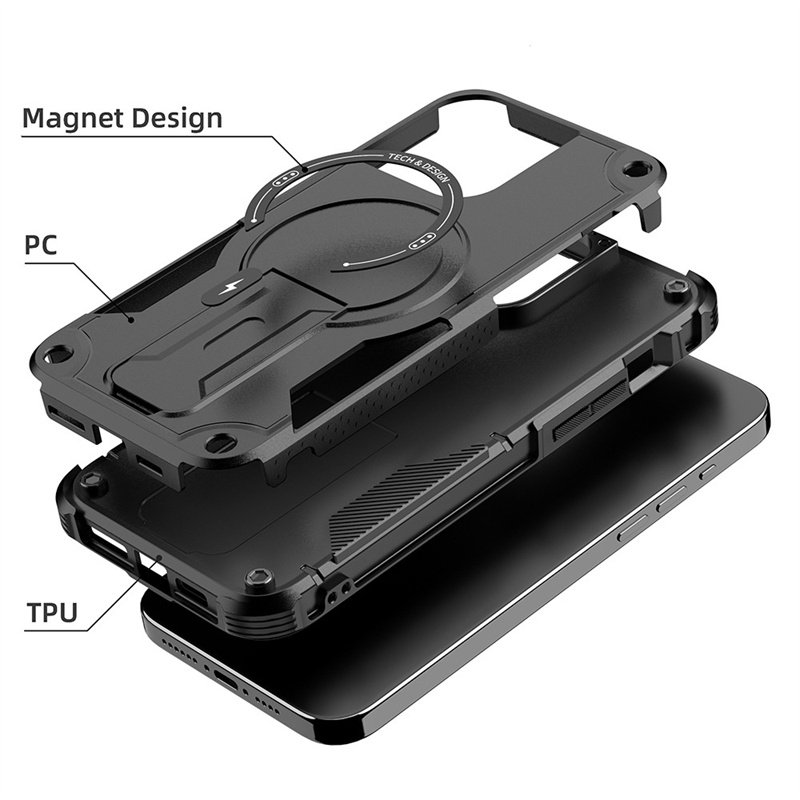 Anti Fall Magnetic For iPhone 16 15 14 13 12 Pro max Mobile Phone Case TPU PC 2 in 1 Silicone Armor Stand Shockproof Back Cover