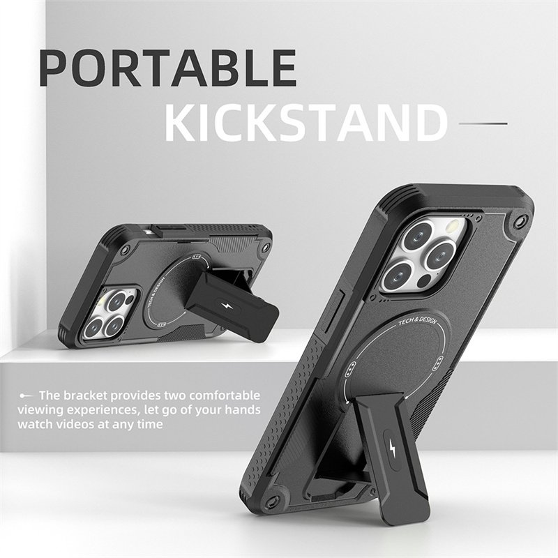 Anti Fall Magnetic For iPhone 16 15 14 13 12 Pro max Mobile Phone Case TPU PC 2 in 1 Silicone Armor Stand Shockproof Back Cover