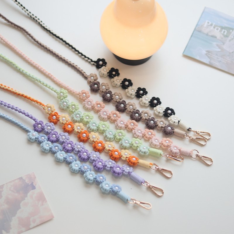 New Arrival Hot Selling Cotton Rope Handmade Woven Handbag Strap Fashion Flower Pattern Phone Keychain Hanging Cord