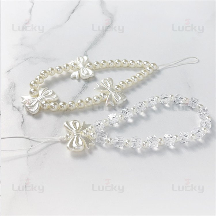 3D Cute Korean White Bowknot Love Heart Phone Chain Charm For Mobile Phone Girls Jewelry Strap Beaded Lanyard Rope