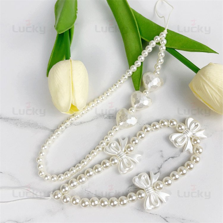 3D Cute Korean White Bowknot Love Heart Phone Chain Charm For Mobile Phone Girls Jewelry Strap Beaded Lanyard Rope