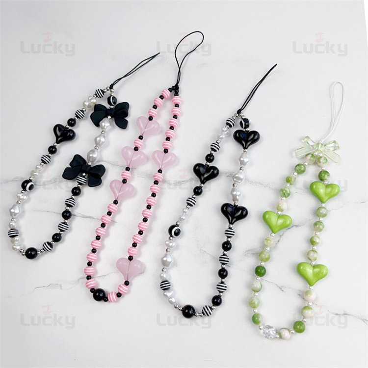 3D Cute Korean White Bowknot Love Heart Phone Chain Charm For Mobile Phone Girls Jewelry Strap Beaded Lanyard Rope