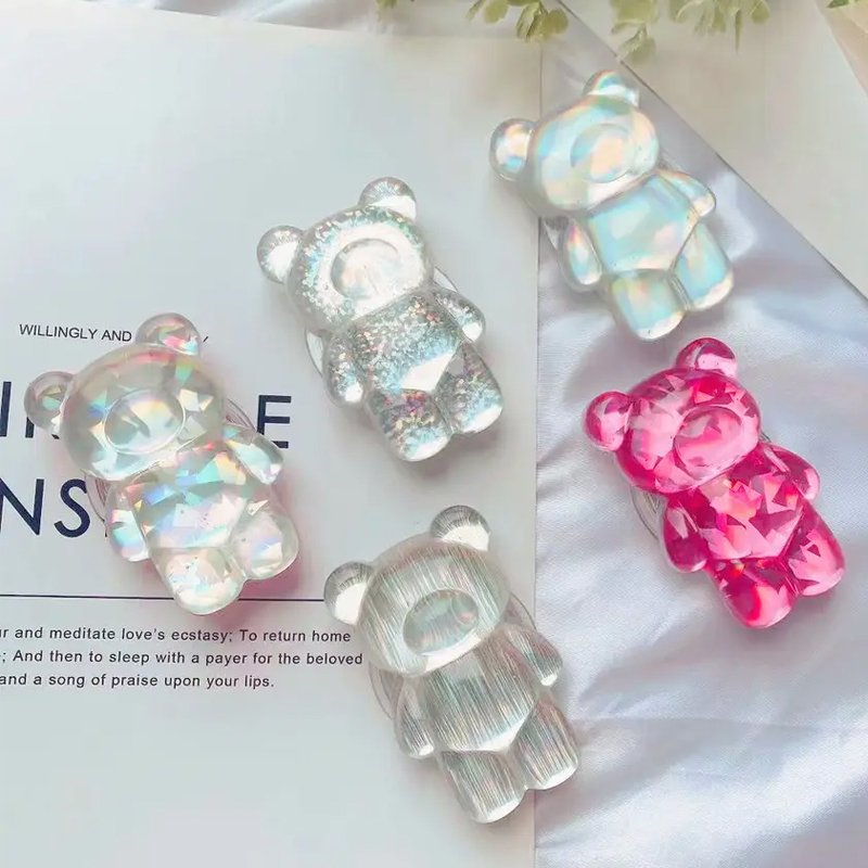 Custom 3d Bear Gemstone Heart Transparent Blank Finger Ring Mobile Cell Phone Grip Holder Stand