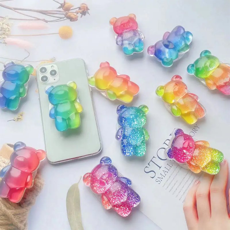 Custom 3d Bear Gemstone Heart Transparent Blank Finger Ring Mobile Cell Phone Grip Holder Stand