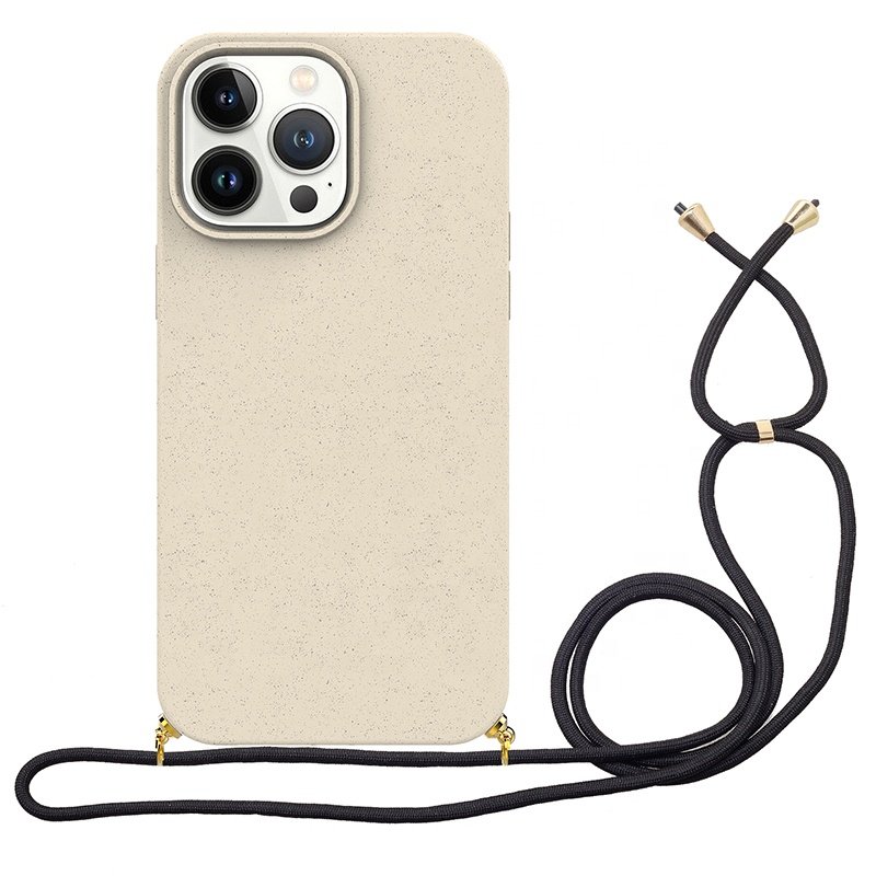 eco friendly recycle biodegradable plastic wheat straw tpu cell phone case anti shock lanyard for iPhone 14 Pro Max 15 Pro