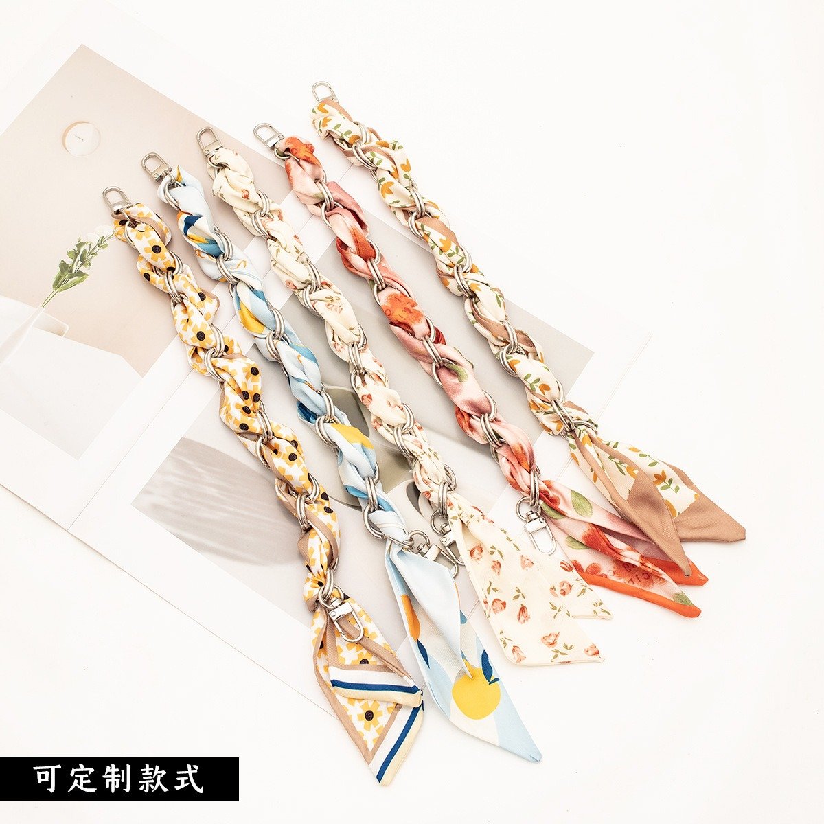 Wholesale Creative Luxury Silk Scarves Metal Chain For Handbag Lanyard Portable Short Chain Strap For Phone Wrist Strap