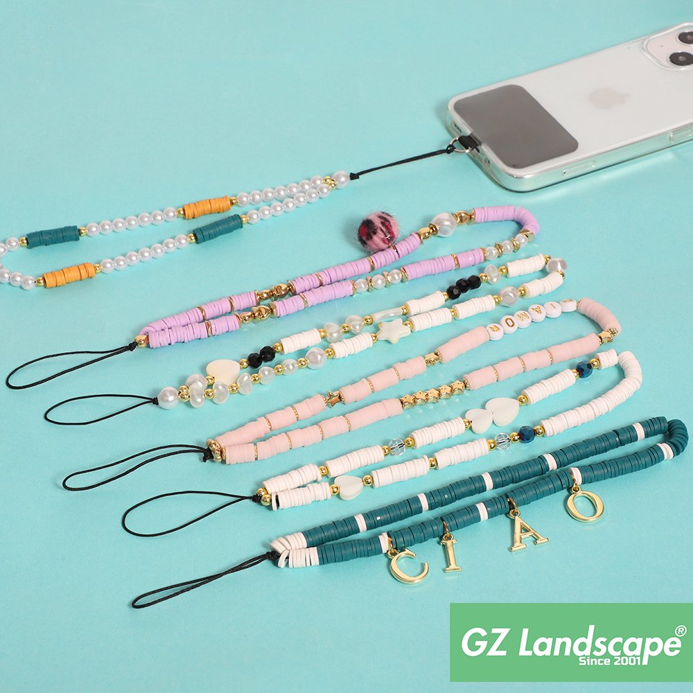 Custom letters bohemia handmade polymer clay cell phone chain decorate diy pearl crystal mobile phone charms strap