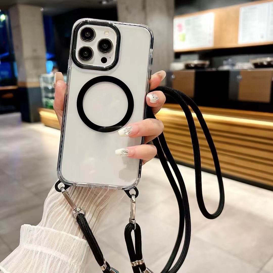 Custom fashionable fancy cross-body crystal clear magnetic mobile phone cases with strap lanyard for iPhone 14 15 16 pro max