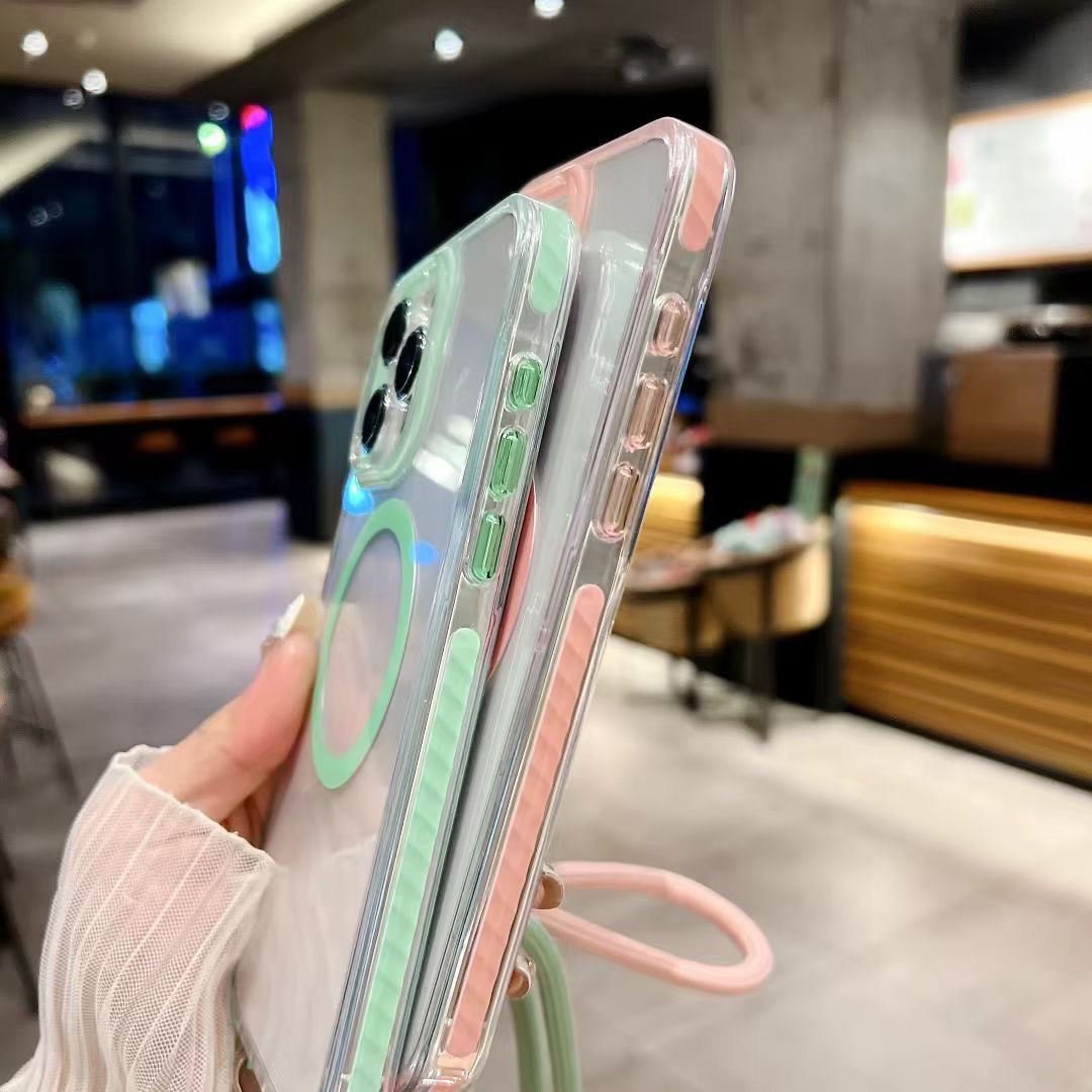 Custom fashionable fancy cross-body crystal clear magnetic mobile phone cases with strap lanyard for iPhone 14 15 16 pro max