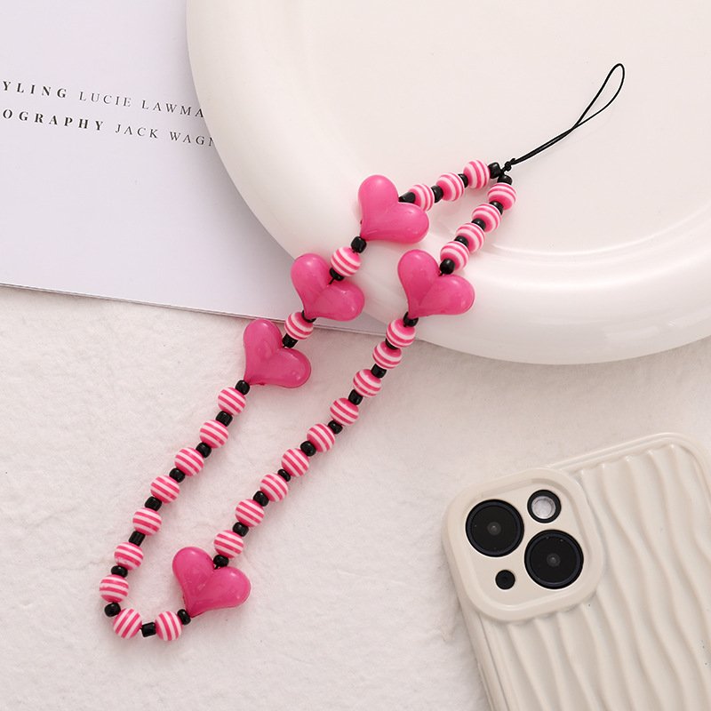 Fashion Colorful Love Heart Mobile Phone Lanyard Handmade Striped Beaded Mobile Charms Anti Loss Wrist Strap Jewelry Accessories