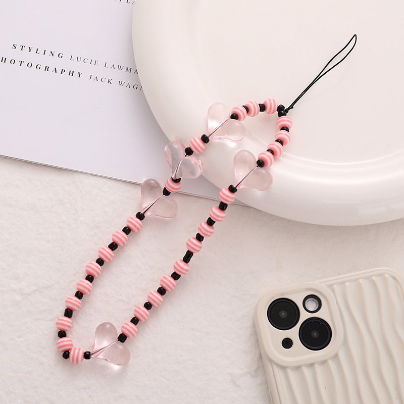 Fashion Colorful Love Heart Mobile Phone Lanyard Handmade Striped Beaded Mobile Charms Anti Loss Wrist Strap Jewelry Accessories
