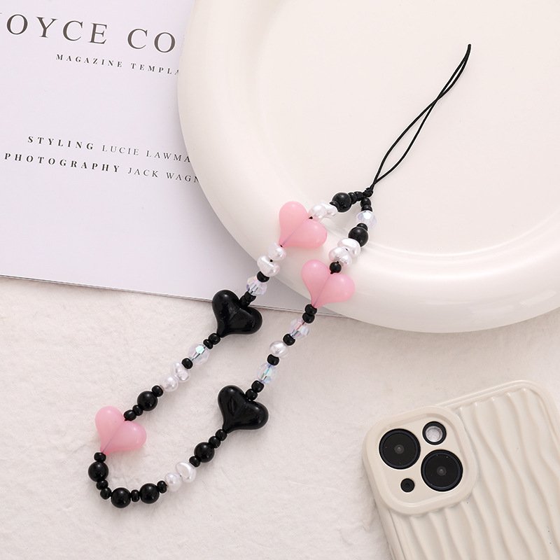 Fashion Colorful Love Heart Mobile Phone Lanyard Handmade Striped Beaded Mobile Charms Anti Loss Wrist Strap Jewelry Accessories