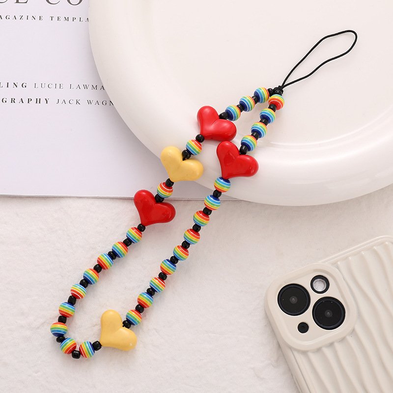 Fashion Colorful Love Heart Mobile Phone Lanyard Handmade Striped Beaded Mobile Charms Anti Loss Wrist Strap Jewelry Accessories