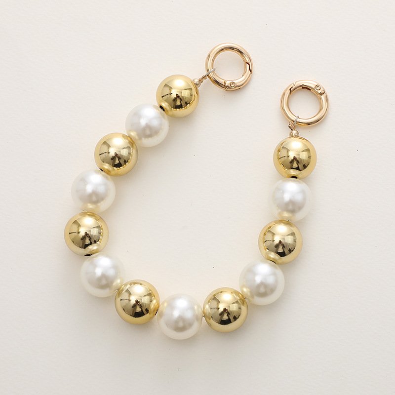 New Round Gold Pearl Portable Chain For Mobile Phone Case Handmade Manual Beaded Hand Smartphone Strap Lanyard Phone Chain Pearl
