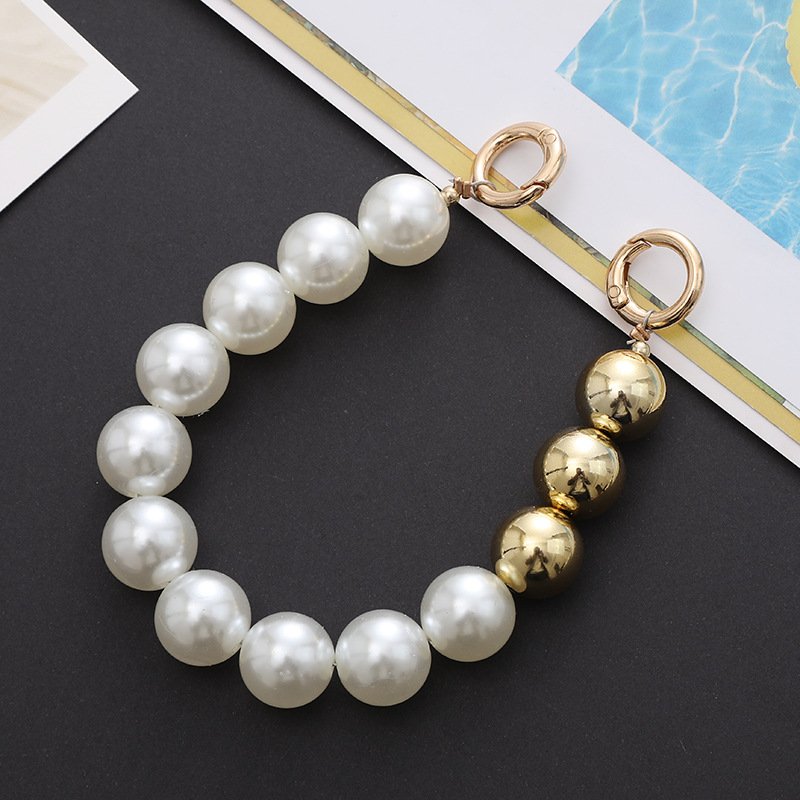 New Round Gold Pearl Portable Chain For Mobile Phone Case Handmade Manual Beaded Hand Smartphone Strap Lanyard Phone Chain Pearl