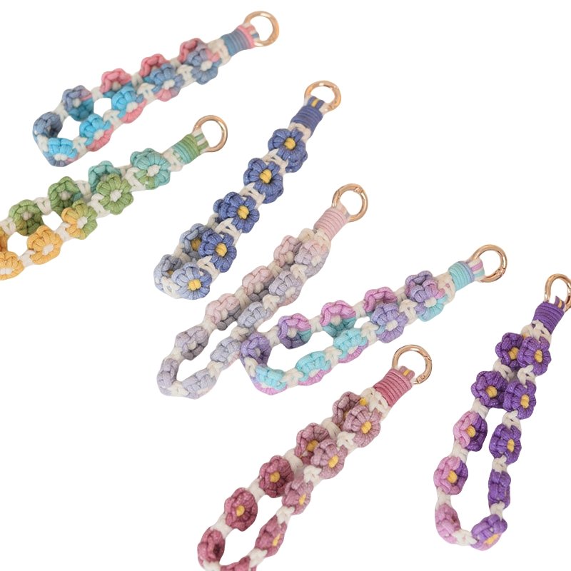 Boho Braided Wrist Strap Handmade Crochet Daisy Flower Macrame Keychains Woven Wristlet Lanyard Keychain For mobile phone chains
