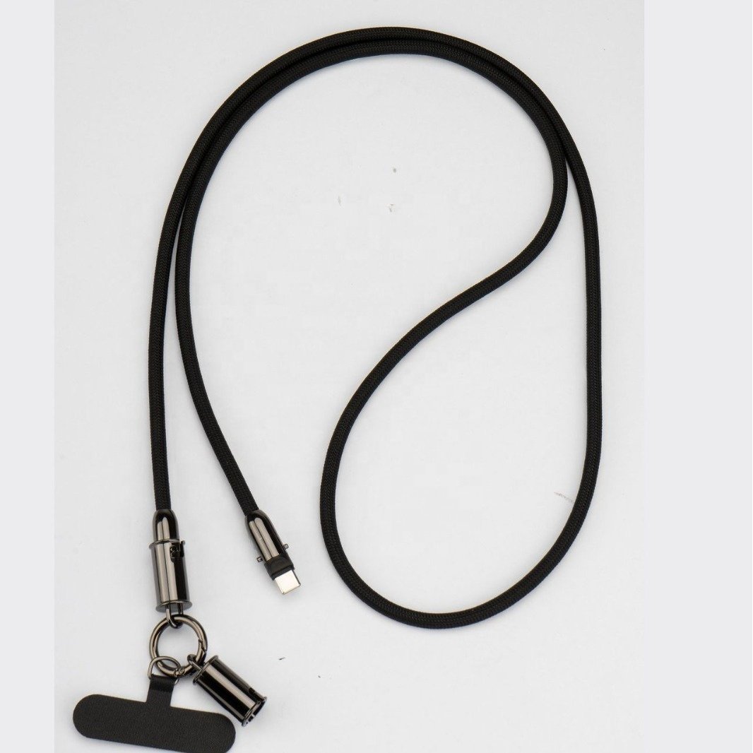 Fashion Nylon Braided 2 in 1 Crossbody USB Cable Silicone Phone Lanyard USB C to Type C Strap Charging Cable for iPhone Huawei