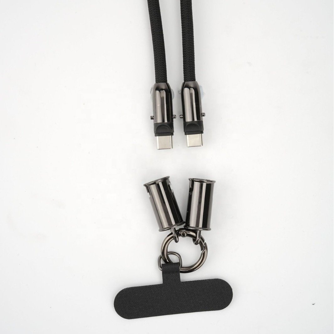 Fashion Nylon Braided 2 in 1 Crossbody USB Cable Silicone Phone Lanyard USB C to Type C Strap Charging Cable for iPhone Huawei