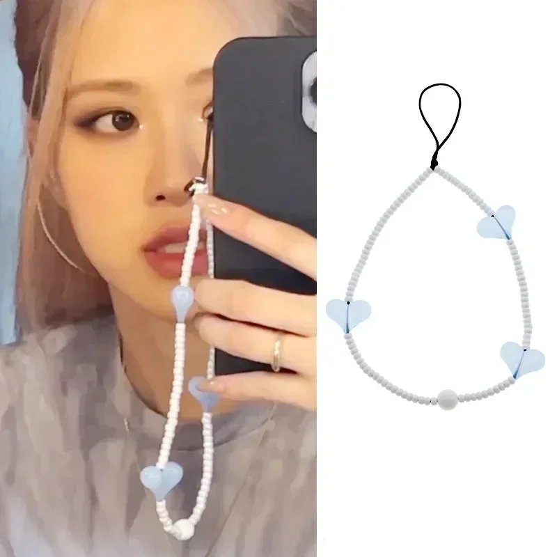 Korean Fashion Phone Charm Black Pink Color Heart Acrylic Mobile Phone Chains Strap Wristlet Handy Phone Telephone Accessories