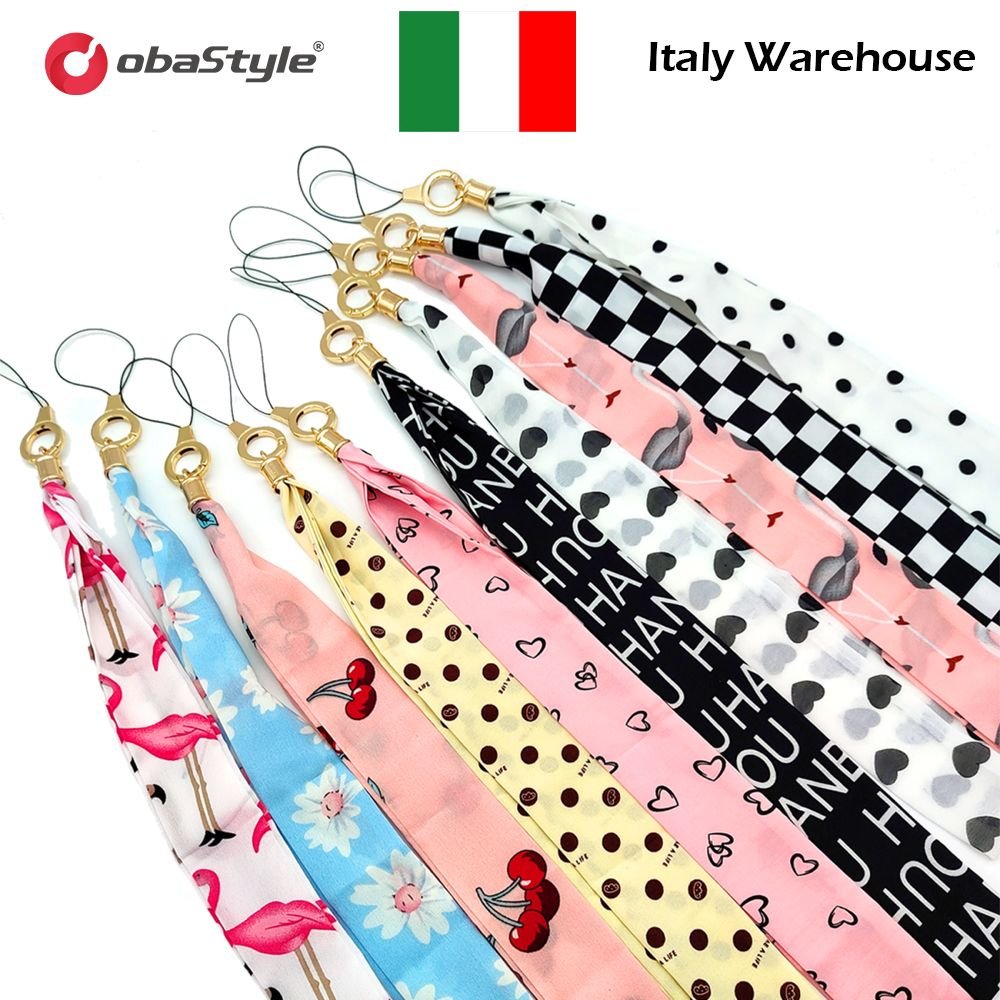 EU Stock Shipping Cartoon Wide Version Silk Scarf Ring Mobile Phone Lanyard Removable Portable Neck Hanger Collar Pendant Chain