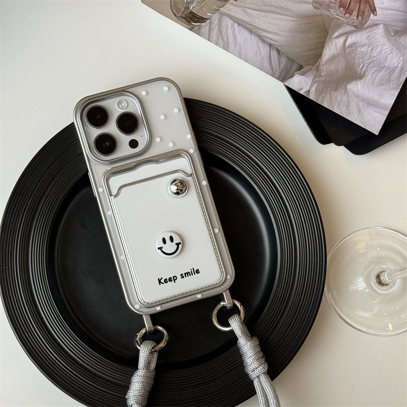 White Electroplating Shell Lanyard Phone Case With Strap Rope Back Cover For Iphone 12 13 14 15 16 Pro Max Keep Smile