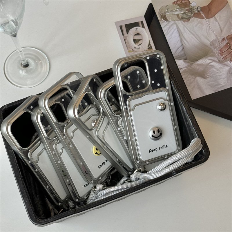 White Electroplating Shell Lanyard Phone Case With Strap Rope Back Cover For Iphone 12 13 14 15 16 Pro Max Keep Smile